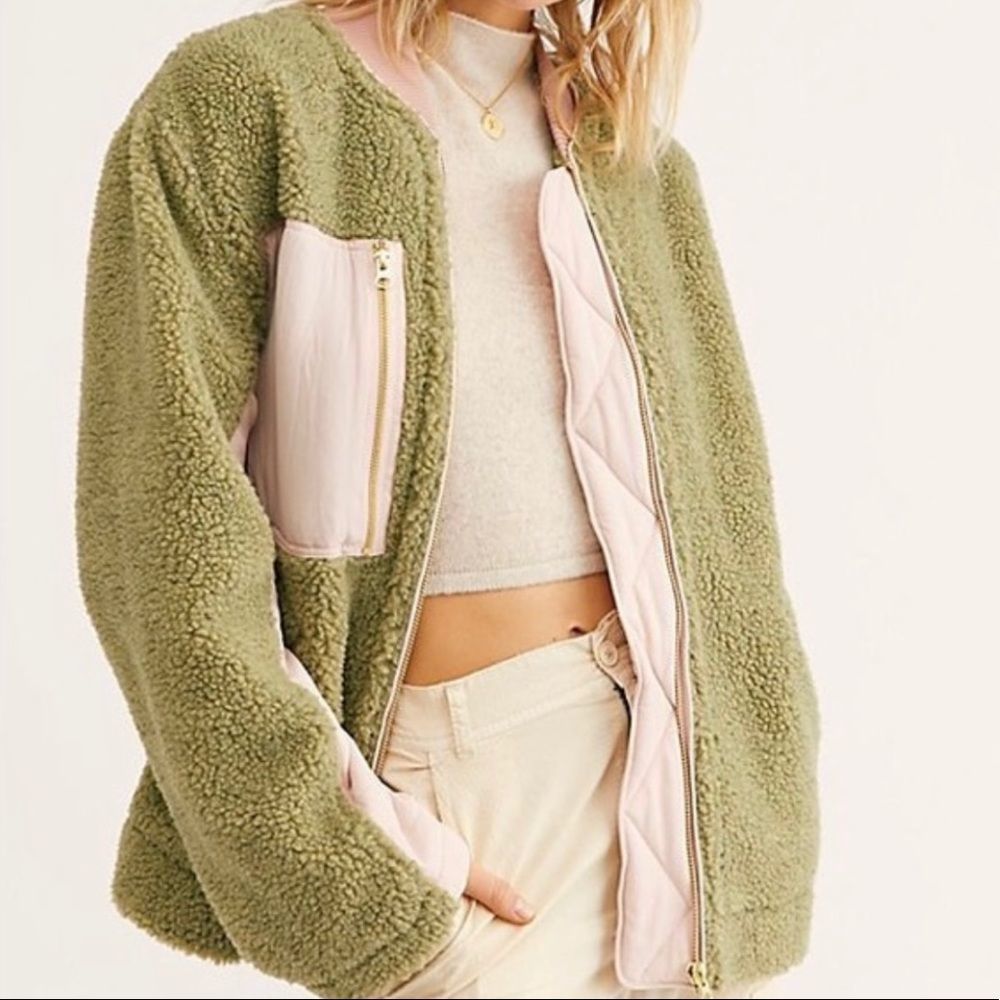 NWOT We The Free Olive Green and Pink Sherpa Jacket
